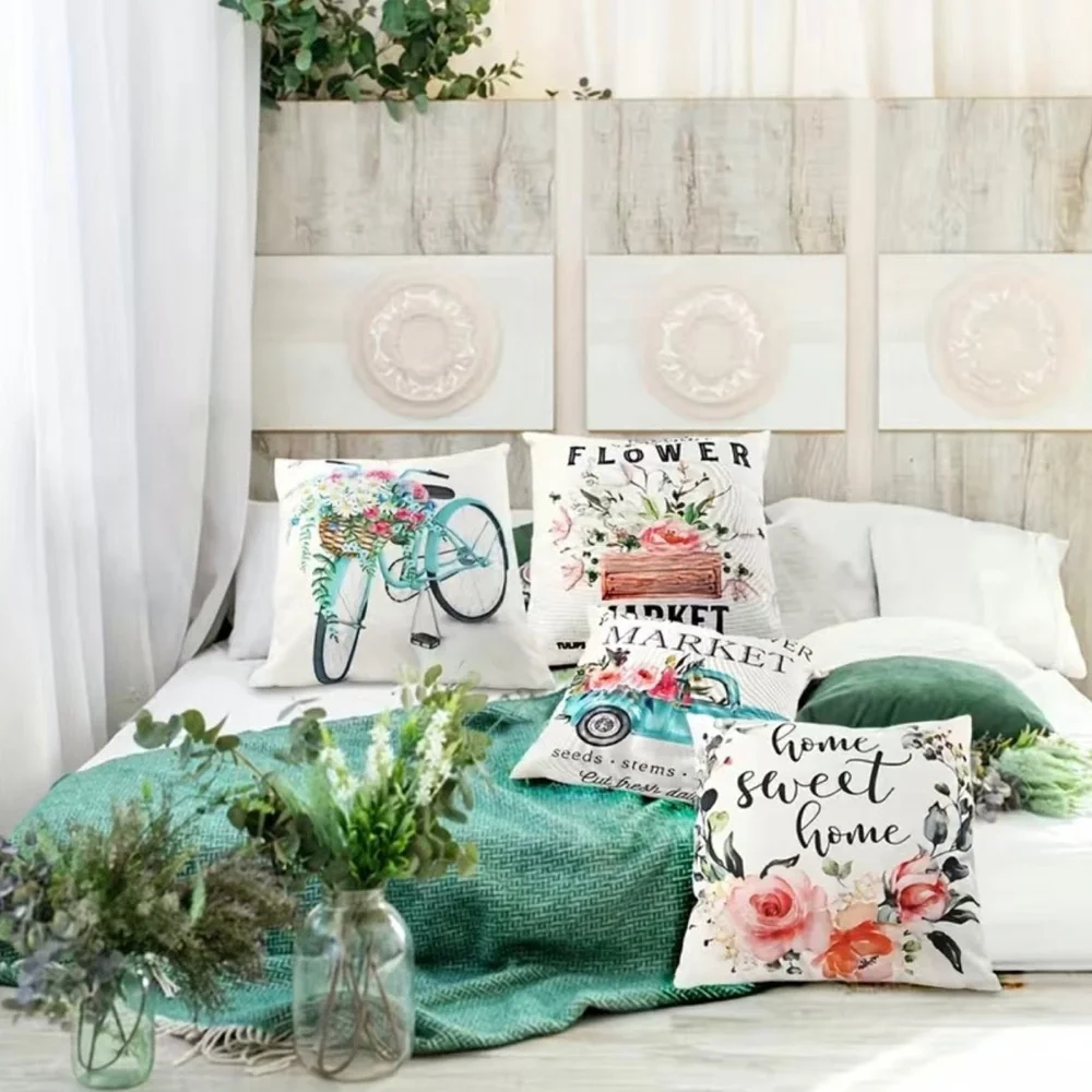 4pcs Flower Bicycle Car Print Pillow Covers, Linen Blend Pillowcases Farmhouse‎